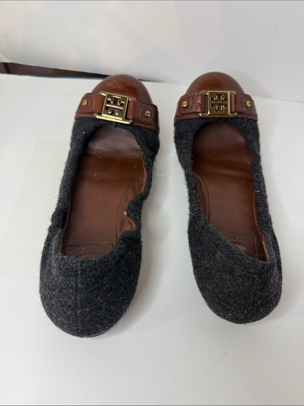Tory Burch Charcoal Wool & Brown Leather Logo Ballet Flats